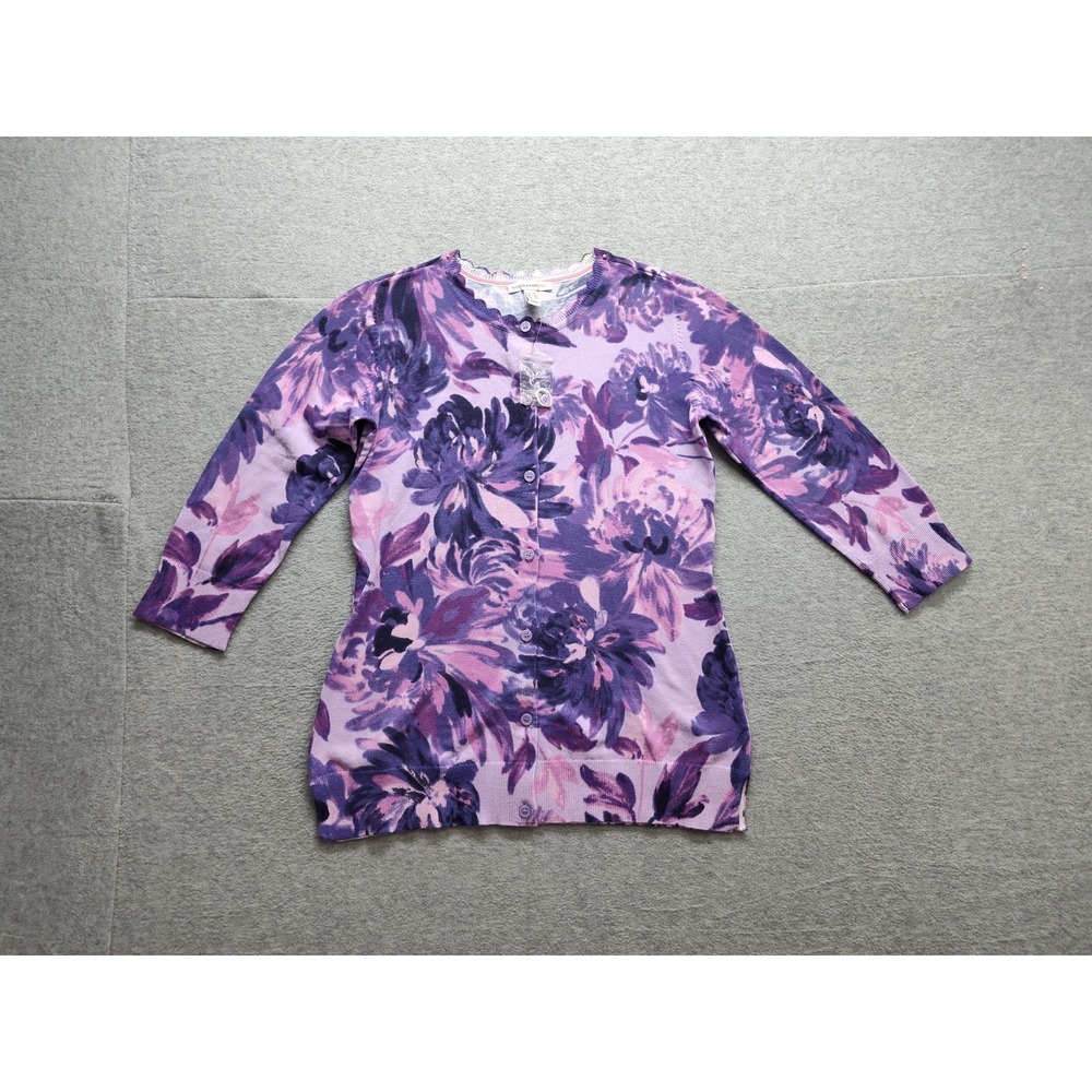 Isaac Mizrahi Live Women Top XXS Purple Floral Cardigan Button Scalloped Casual